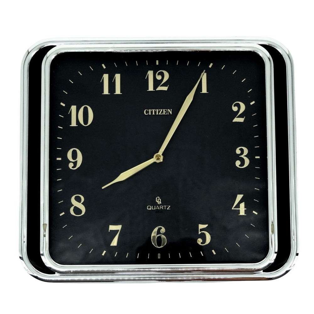 Citizen Quartz Wall Clock Rectangle 12x10.25 Black Gold Chrome Retro Vintage 80s
